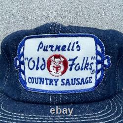 Vintage K Products Hat Cap Snap Back Blue Jean Denim USA Trucker Sausage 80s