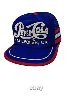 Vintage PEPSI COLA 3 Stripe Blue Trucker Mesh Snapback Hat Cap Nice Oklahoma USA