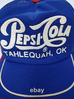 Vintage PEPSI COLA 3 Stripe Blue Trucker Mesh Snapback Hat Cap Nice Oklahoma USA