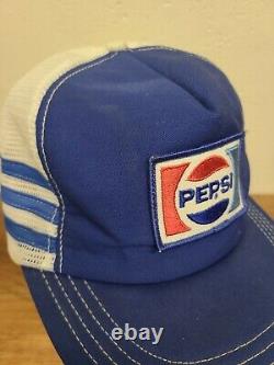 Vintage PEPSI-COLA 3 Stripe Snapback Trucker Hat Cap. Cracked bill