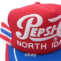 Vintage Pepsi Cola 3 Stripe Snapback Trucker Hat Cap North Idaho Red Blue USA