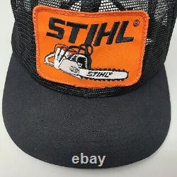 Vintage STIHL Trucker Hat K Products Black Orange Mesh Snap Back Cap Made In USA