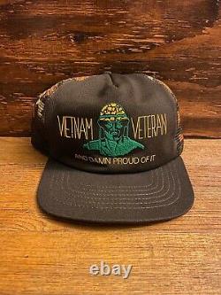 Vintage Snapback Cap Vietnam Veteran Damn Proud Trucker Hat Camouflage Mesh USA
