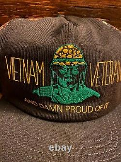 Vintage Snapback Cap Vietnam Veteran Damn Proud Trucker Hat Camouflage Mesh USA