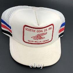 Vintage Trucker Hat Cap Snap Back 3 Side Stripes USA Mesh Patch Coal Mining 80s