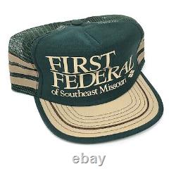 Vintage Trucker Hat USA Made 3 Stripe Snapback Mesh Cap First Federal Missouri
