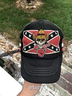 Vintage USA Skull 3 Stripe Trucker Mesh Snapback Hat Cap Super Rare