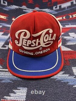 Vtg 80s Pepsi Cola 3 Stripe Trucker Eugene Oregon Snapback Promo Hat Cap USA