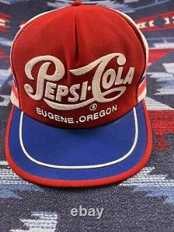 Vtg 80s Pepsi Cola 3 Stripe Trucker Eugene Oregon Snapback Promo Hat Cap USA