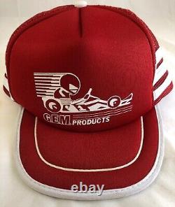 Vtg 80s San Sun G. E. M. Products 3 Stripe Mesh Trucker Cap Hat GO KART RACING