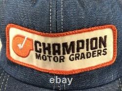 Vtg Champion Motor Graders Mesh Trucker Hat Snapback Patch Denim Cap K Brand USA