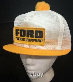 Vtg Ford Tractors Equipment Mesh Trucker Hat Snapback Patch Pom Short Bill Cap
