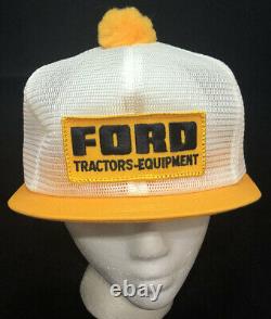 Vtg Ford Tractors Equipment Mesh Trucker Hat Snapback Patch Pom Short Bill Cap