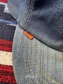 Vtg Levi Strauss Denim Leather Patch Strap Orange Tab Trucker Snapback Hat Cap