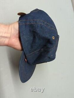 Vtg Levi Strauss Denim Leather Patch Strap Red Tab Trucker Snapback Hat Cap