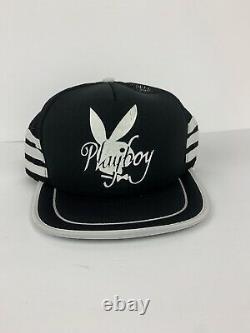 Vtg Trucker Hat 3 Stripes Playboy Mesh Cap Black Snapback Black White Foam
