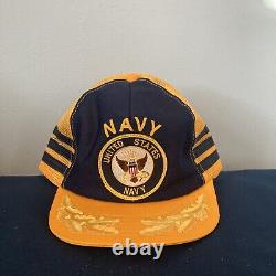 Vtg United States Navy Patch 3 Stripe Snapback Hat Trucker Cap Made USA No Foam