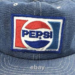 Casquette Vtg Pepsi Cola Patch Denim Snapback Trucker Hat Fabriqué Aux États-unis Soda Pop LL