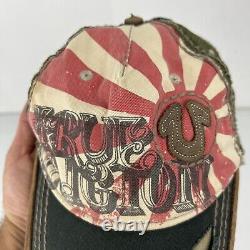 Casquette de camionneur True Religion Brand Distressed StrapBack Vtg en cuir vintage rare