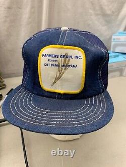 Chapeau de camionneur casquette de baseball Old Snapback Mesh Denim Patch Farmers Grain Cut Bank MT.