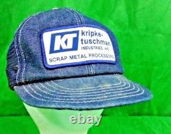 Chapeau de camionneur en denim vintage fabriqué aux États-Unis avec grand patch Kripke-tuschman des années 80 et casquette snapback en filet