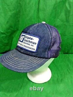 Chapeau de camionneur en denim vintage fabriqué aux États-Unis avec grand patch Kripke-tuschman des années 80 et casquette snapback en filet