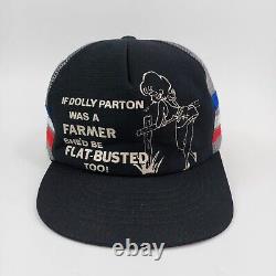 Chapeau de camionneur vintage à 3 bandes avec logo Dolly Parton, style fermier, ajustable à pression, fabriqué aux États-Unis.