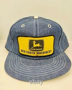 Chapeau de camionneur vintage avec patch John Deere Machinery en denim fabriqué aux États-Unis, à l'ancienne