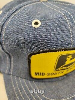 Chapeau de camionneur vintage avec patch John Deere Machinery en denim fabriqué aux États-Unis, à l'ancienne
