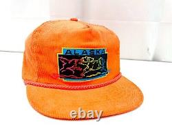 Nos Nouveau Vtg Ace Alaska Neon Orange Trucker Hat Corduroy Snapback Wolves Wolf Cap