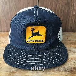 Vintage 80's John Deere Denim Snap Retour Cap Patch Trucker Hat Louisville Mfg USA