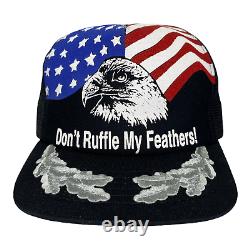 Vintage Années 80 Dont Ruffle My Feathers Eagle Flag USA Black Mesh Trucker Hat Cap