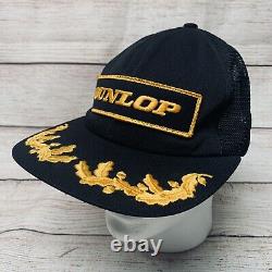 Vintage Dunlop 80s USA Swingster Black Trucker Hat Cap Snapback Gold Egg Patch