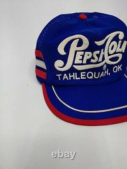 Vintage Pepsi Cola 3 Stripe Blue Trucker Mesh Snapback Hat Cap Nice Oklahoma USA