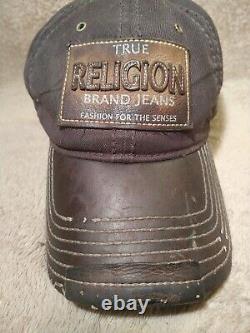 Vintage True Religion Trucker Hat Tissu De Coton Brun Avec Bord En Cuir Snap Retour