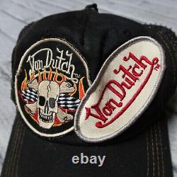 Von Néerlandais Double Patch Détresse Mesh Trucker Snapback Hat Cap Crâne Noir Vtg