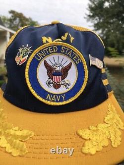 Vtg États-unis Navy Patch 3 Stripe Snapback Hat Cap Camionneur Fabriqué Aux États-unis