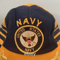 Vtg États-unis Navy Patch 3 Stripe Snapback Hat Trucker Cap Made USA Pas De Mousse