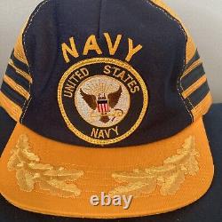 Vtg États-unis Navy Patch 3 Stripe Snapback Hat Trucker Cap Made USA Pas De Mousse
