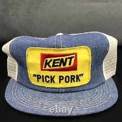 Vtg Kent Pick Pork Feed Grain K-brand Denim Patch Snapback Trucker Cap Hat