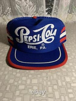 Vtg Pepsi Cola 3 Stripe Snapback Mesh Hat Trucker Cap Erie Pa Retro Made In USA